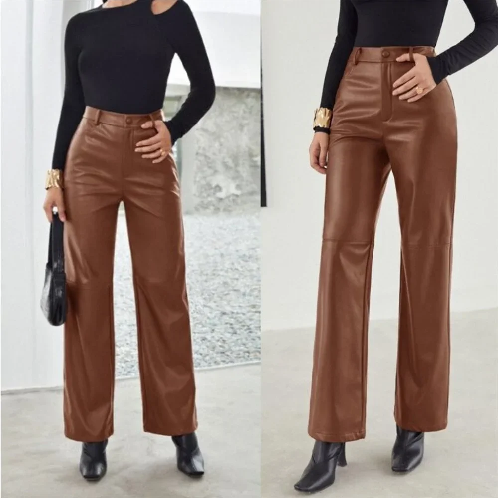 brown faux leather wide legged pants - Picture 3 of 8